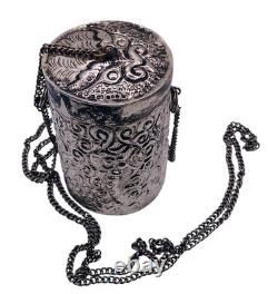 Antique Silver Plated Purple Velvet Lined Repousse Cylindrical Pendant Lid Chain