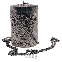 Antique Silver Plated Purple Velvet Lined Repousse Cylindrical Pendant Lid Chain