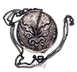 Antique Silver Plated Purple Velvet Lined Repousse Cylindrical Pendant Lid Chain