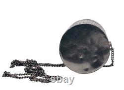 Antique Silver Plated Purple Velvet Lined Repousse Cylindrical Pendant Lid Chain