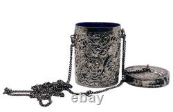 Antique Silver Plated Purple Velvet Lined Repousse Cylindrical Pendant Lid Chain
