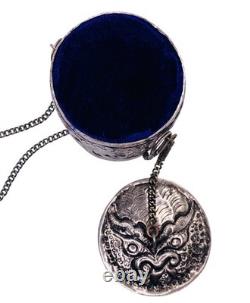 Antique Silver Plated Purple Velvet Lined Repousse Cylindrical Pendant Lid Chain