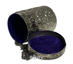 Antique Silver Plated Purple Velvet Lined Repousse Cylindrical Pendant Lid Chain Antique Silver Plated Purple Velvet Lined Repousse Cylindrical Pendant Lid Chain