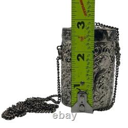 Antique Silver Plated Purple Velvet Lined Repousse Cylindrical Pendant Lid Chain