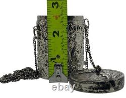 Antique Silver Plated Purple Velvet Lined Repousse Cylindrical Pendant Lid Chain Antique Silver Plated Purple Velvet Lined Repousse Cylindrical Pendant Lid Chain
