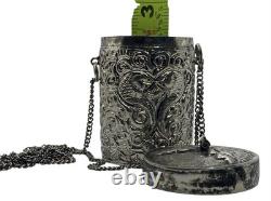 Antique Silver Plated Purple Velvet Lined Repousse Cylindrical Pendant Lid Chain