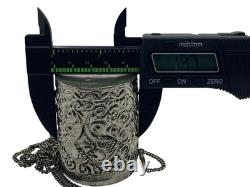 Antique Silver Plated Purple Velvet Lined Repousse Cylindrical Pendant Lid Chain