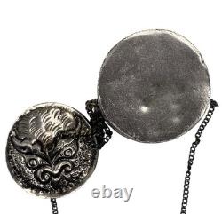 Antique Silver Plated Purple Velvet Lined Repousse Cylindrical Pendant Lid Chain