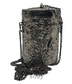 Antique Silver Plated Purple Velvet Lined Repousse Cylindrical Pendant Lid Chain