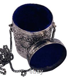 Antique Silver Plated Purple Velvet Lined Repousse Cylindrical Pendant Lid Chain Antique Silver Plated Purple Velvet Lined Repousse Cylindrical Pendant Lid Chain