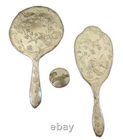 Antique Silver Plated Vanity Set Art Nouveau Mirror Brush and Powder Tin