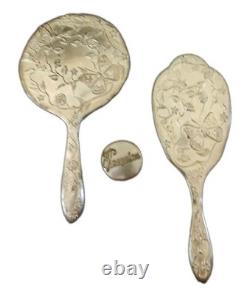 Antique Silver Plated Vanity Set Art Nouveau Mirror Brush and Powder Tin