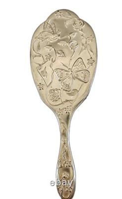 Antique Silver Plated Vanity Set Art Nouveau Mirror Brush and Powder Tin