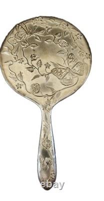 Antique Silver Plated Vanity Set Art Nouveau Mirror Brush and Powder Tin