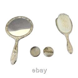Antique Silver Plated Vanity Set Art Nouveau Mirror Brush and Powder Tin