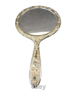 Antique Silver Plated Vanity Set Art Nouveau Mirror Brush and Powder Tin