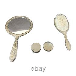 Antique Silver Plated Vanity Set Art Nouveau Mirror Brush and Powder Tin
