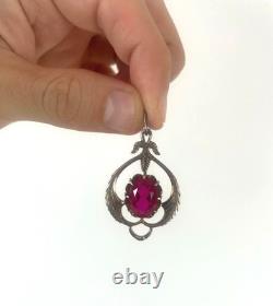 Antique Soviet USSR Pendant Sterling Silver 875 & Gold Plated Red Glass Women's