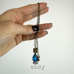 Antique Soviet USSR Pendant Sterling Silver 875 & Gold Plated blue Glass + chain