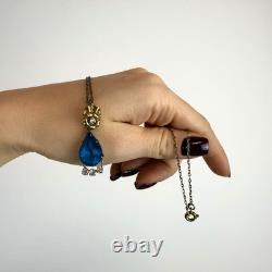 Antique Soviet USSR Pendant Sterling Silver 875 & Gold Plated blue Glass + chain