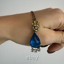 Antique Soviet USSR Pendant Sterling Silver 875 & Gold Plated blue Glass + chain