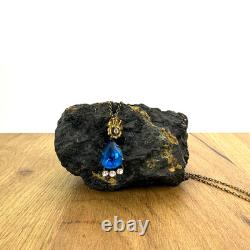 Antique Soviet USSR Pendant Sterling Silver 875 & Gold Plated blue Glass + chain