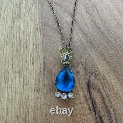 Antique Soviet USSR Pendant Sterling Silver 875 & Gold Plated blue Glass + chain