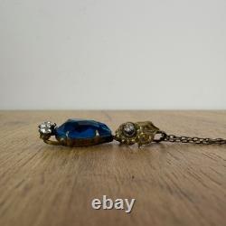 Antique Soviet USSR Pendant Sterling Silver 875 & Gold Plated blue Glass + chain