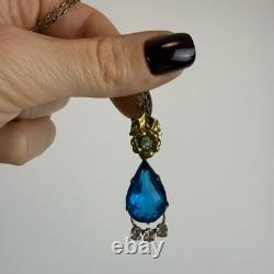 Antique Soviet USSR Pendant Sterling Silver 875 & Gold Plated blue Glass + chain