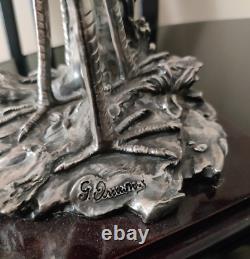 Antique Statue Silver Plating Figure Metal Signed Rare Old Sculpture Decor