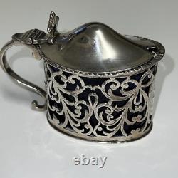 Antique Sterling Silver Mustard Pot with Original Blue Glass Inner Dish. 1906