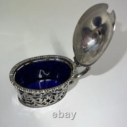 Antique Sterling Silver Mustard Pot with Original Blue Glass Inner Dish. 1906