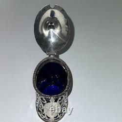 Antique Sterling Silver Mustard Pot with Original Blue Glass Inner Dish. 1906