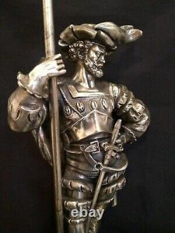 Antique Superb Silver Plated French Figural Lamp Soldier Musketeer Sculpture