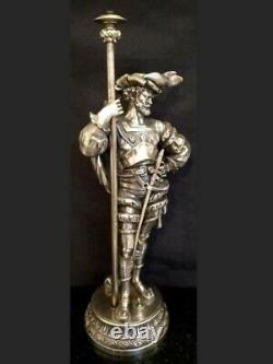 Antique Superb Silver Plated French Figural Lamp Soldier Musketeer Sculpture