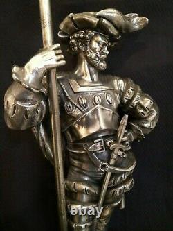 Antique Superb Silver Plated French Figural Lamp Soldier Musketeer Sculpture