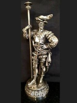 Antique Superb Silver Plated French Figural Lamp Soldier Musketeer Sculpture