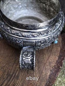 Antique TIBETAN CEREMONIAL EWER silver plated ritual teapot lidded water vessel