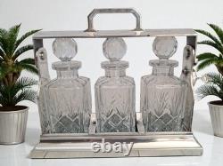 Antique Tantalus Silver Plated + Three Decanters Art Deco Trio Glass Decanter