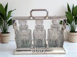 Antique Tantalus Silver Plated + Three Decanters Art Deco Trio Glass Decanter