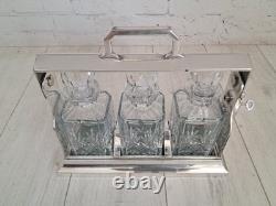 Antique Tantalus Silver Plated + Three Decanters Art Deco Trio Glass Decanter
