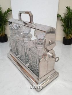 Antique Tantalus Silver Plated + Three Decanters Art Deco Trio Glass Decanter