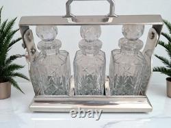 Antique Tantalus Silver Plated + Three Decanters Art Deco Trio Glass Decanter
