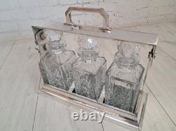 Antique Tantalus Silver Plated + Three Decanters Art Deco Trio Glass Decanter