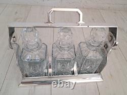 Antique Tantalus Silver Plated + Three Decanters Art Deco Trio Glass Decanter