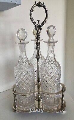 Antique Tantalus Silver Plated With 3 Tall Crystal Decanters