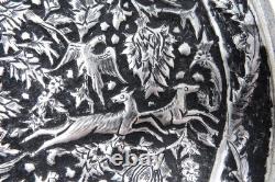 Antique Tinned Copper Repousse Ornate Metalwork Silver Tray Wall Hanging