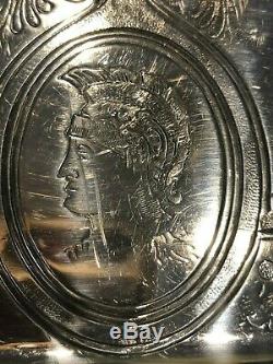 Antique Tray Silver Plate Aesthetic Medallion Portrait Face Greek Revival RARE