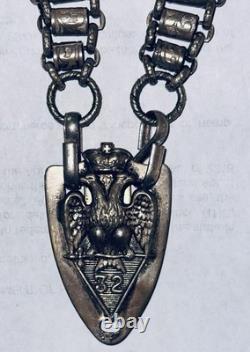 Antique Victorian 26 Book Chain With 32nd Degree Mason Emblem Nickel Silver