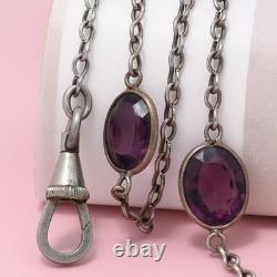 Antique Victorian Bezel Set Amethyst Paste Glass Silver Plate 45 Chain Necklace